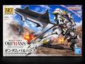 Box art for the HG High Grade Gundam Barbatos model kit, featuring a white and gray Gundam with a large dark gray weapon, set against a battle scene with explosions and a blue sky. Visible brands include Bandai and Namco.