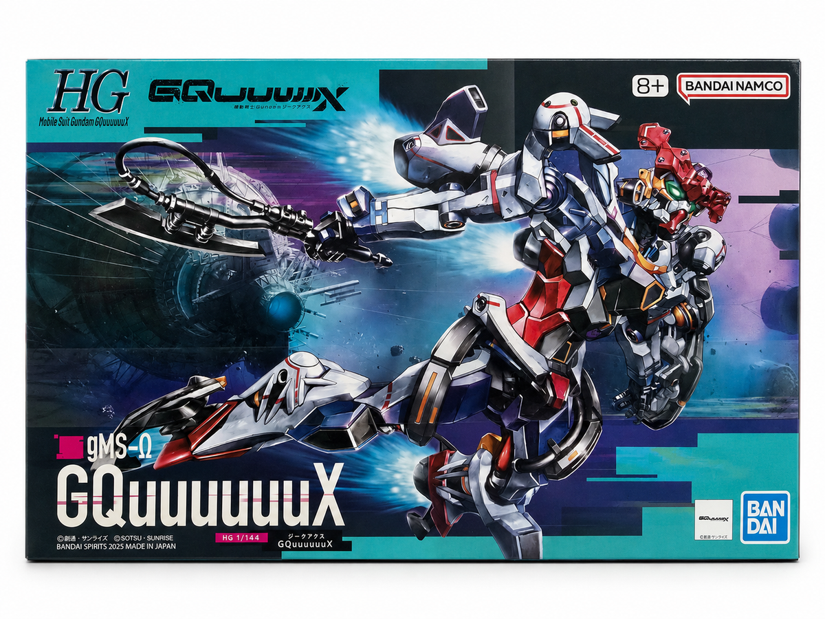 Bandai Namco HG GQuuuuuuX Mobile Suit Gundam Model Building Set box art, featuring a dynamic white, blue, and red mecha robot with a jetpack against a futuristic space background.