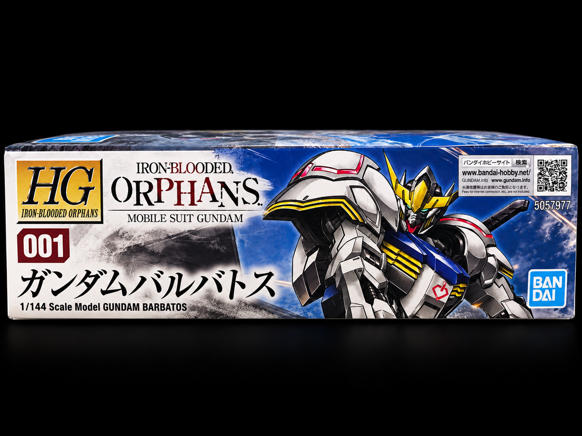 Bandai HG Iron-Blooded Orphans Mobile Suit Gundam 1/144 scale model kit box for Gundam Barbatus, featuring a blue and white box design with an illustration of the mobile suit.