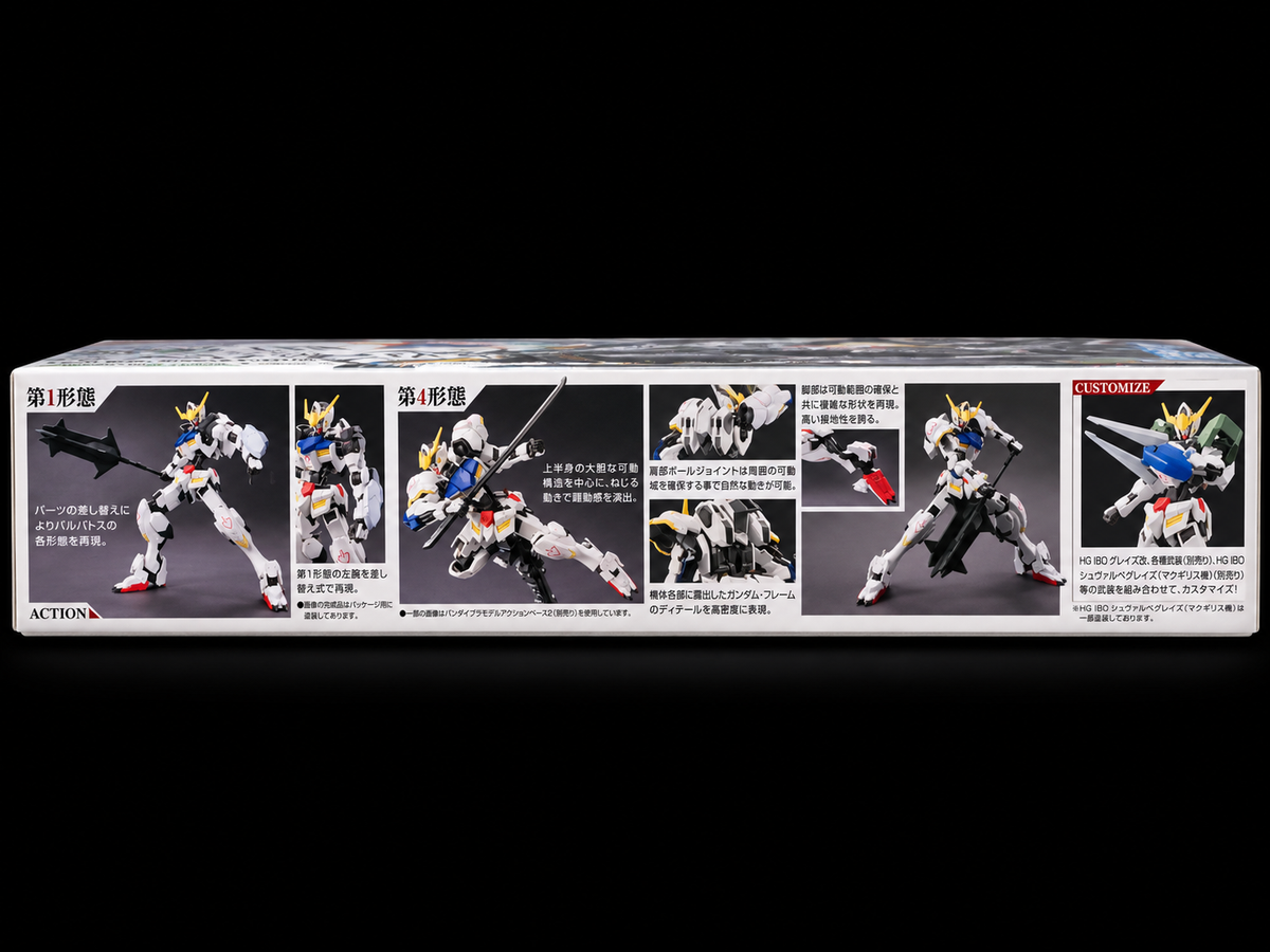 The back of a Bandai Model Building Kit box, displaying six illustrated panels of a white and blue mecha model with Japanese text, set against a solid black background.