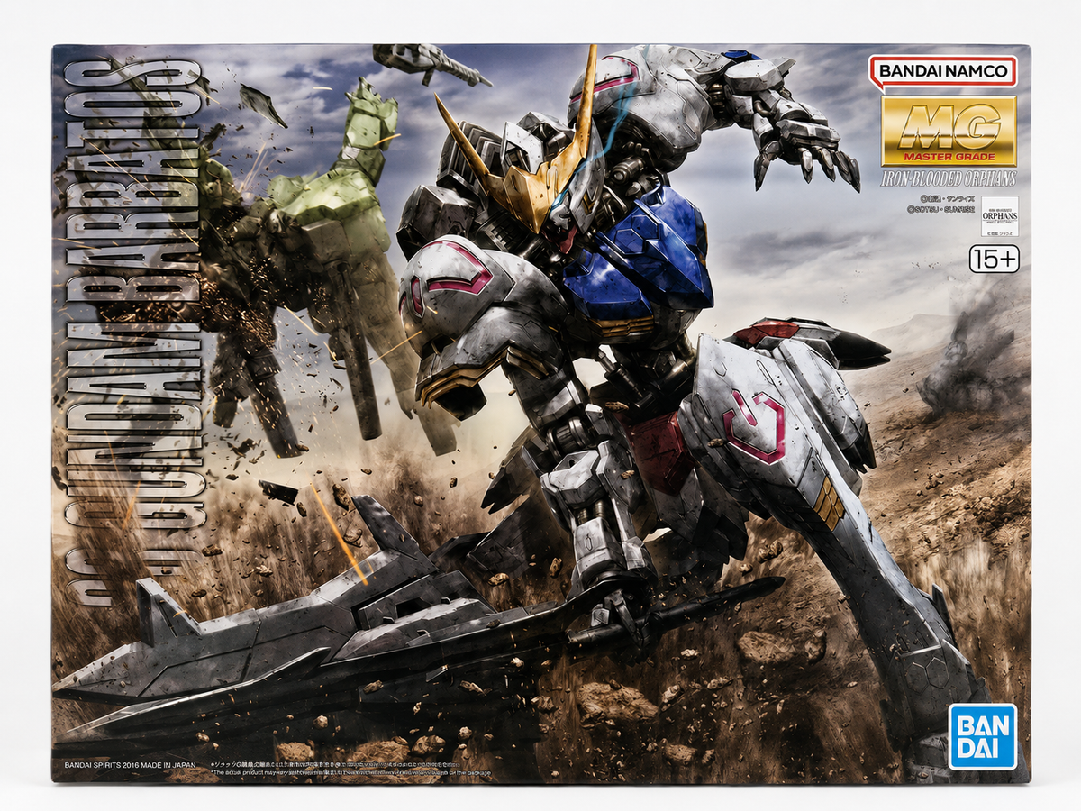 Bandai Namco MG 1/12 scale model kit box for the Gundam BreakThrushter, featuring dynamic sci-fi battle artwork with a silver, blue, and white mecha in a desert battlefield scene.