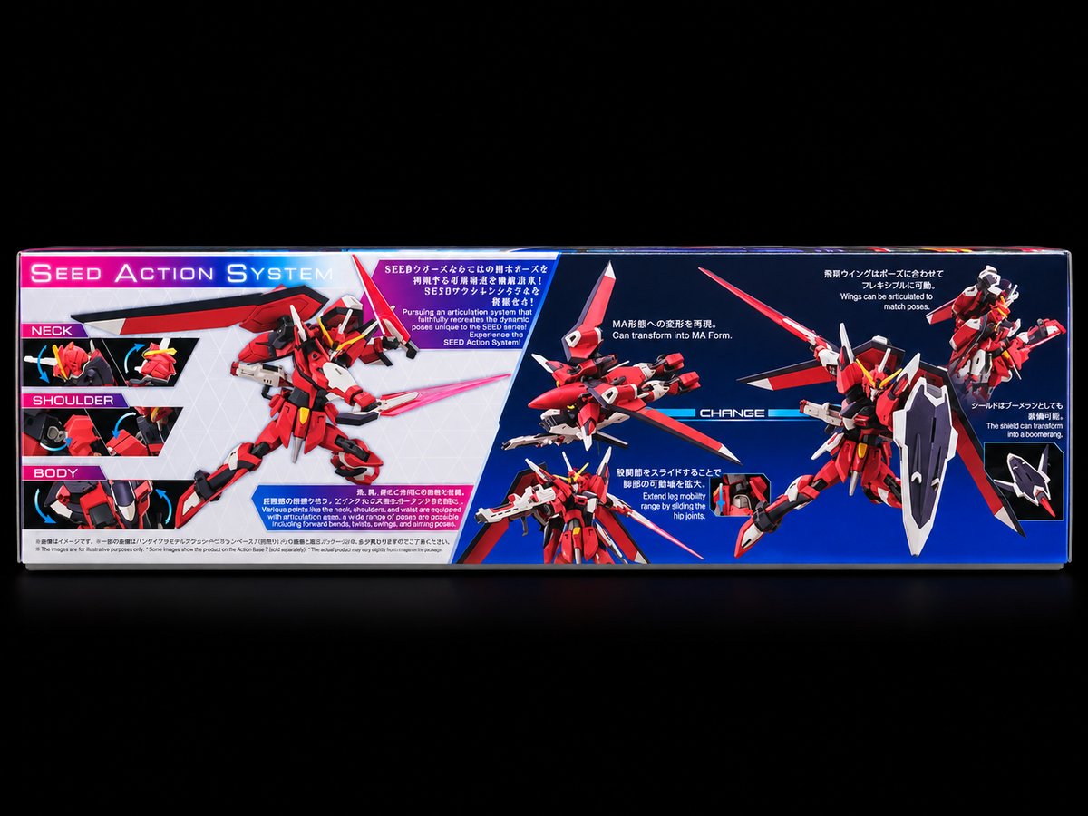 Box packaging for the Seed Action System GUN-LE mobile suit kit, featuring red and white mecha artwork on a blue and white background, photographed against a black backdrop.